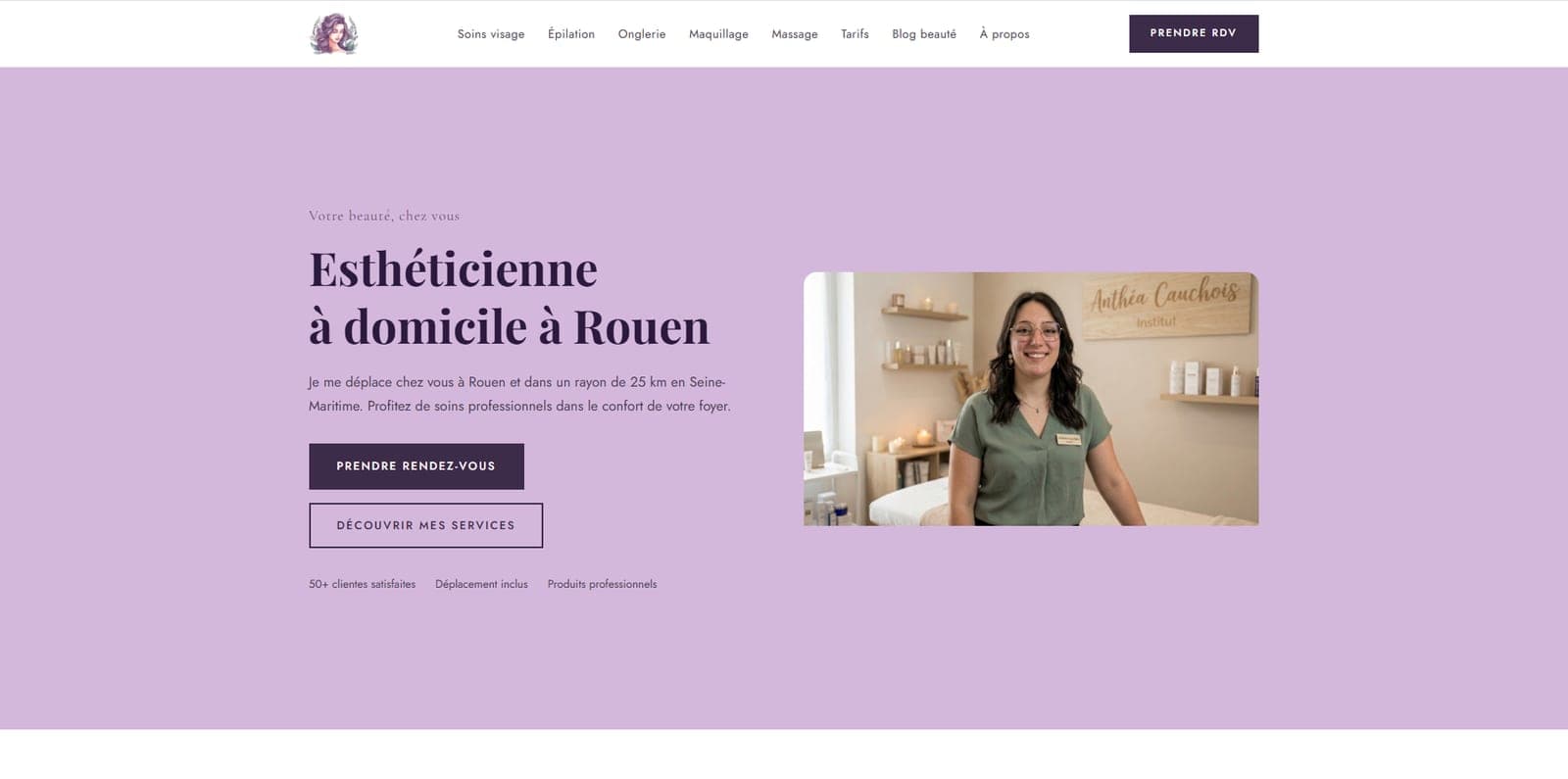 Page d'accueil du site d'Anthéa Cauchois, esthéticienne à domicile à Rouen — « Votre beauté, chez vous »