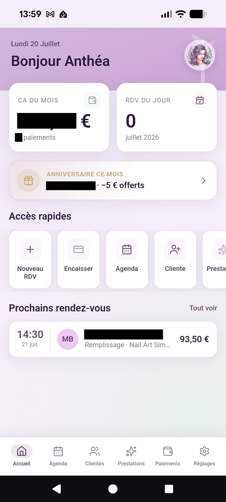 Écran d'accueil de Beauty Note sur l'application mobile Android
