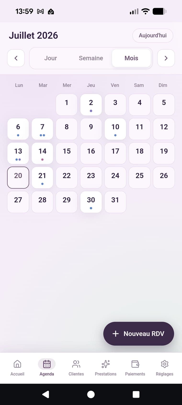 Agenda mensuel de Beauty Note sur l'application mobile Android