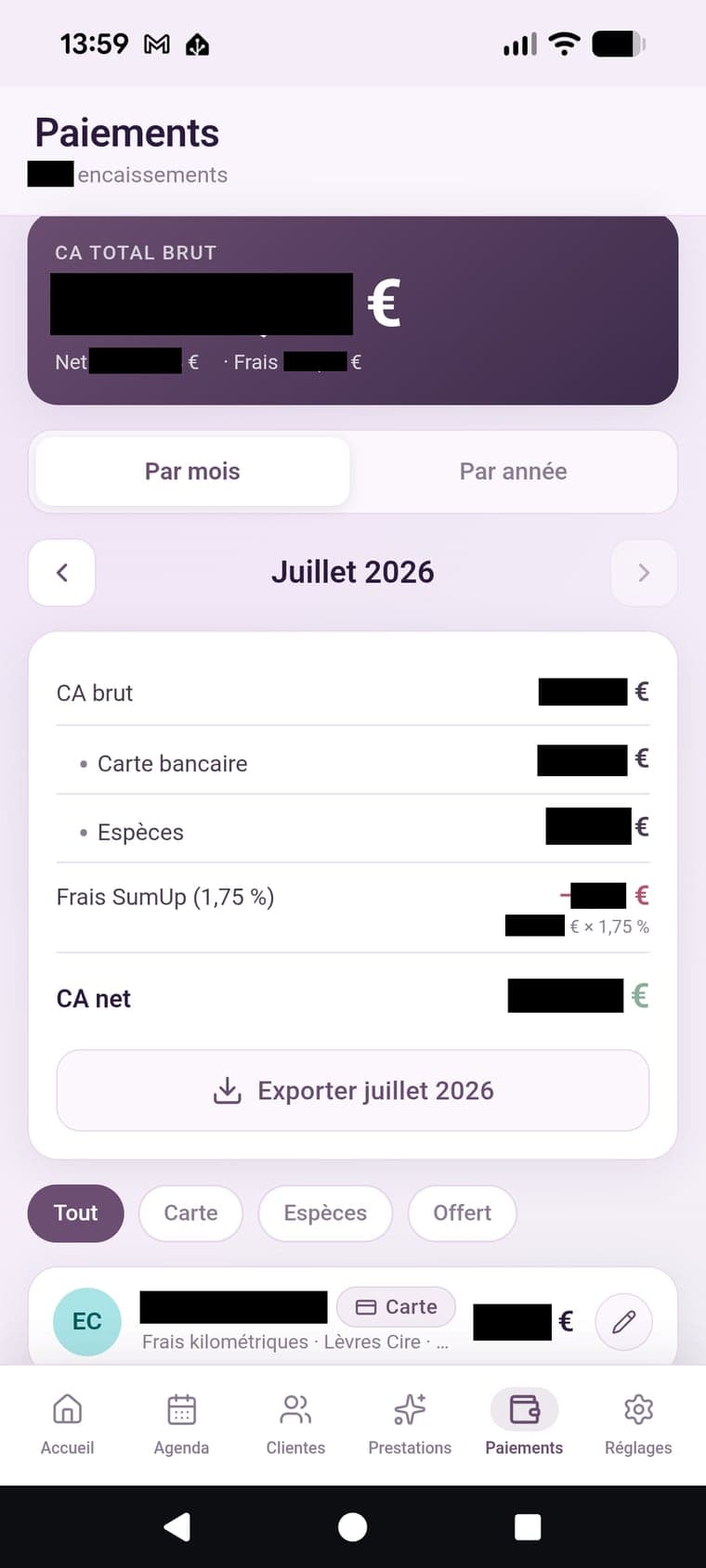 Suivi des paiements et du chiffre d'affaires de Beauty Note sur mobile (montants masqués)