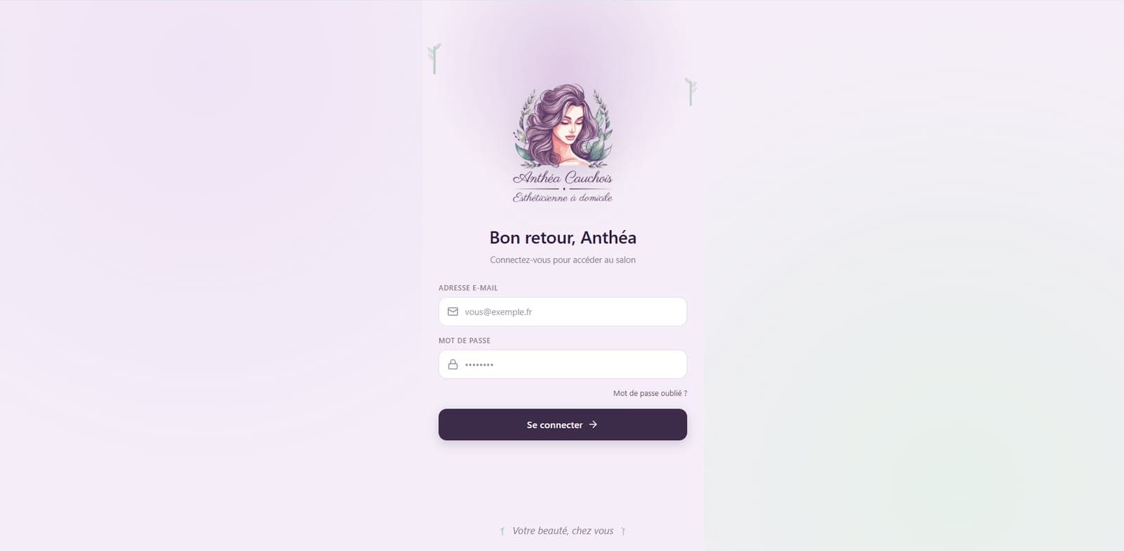 Écran de connexion de l'application de gestion Beauty Note