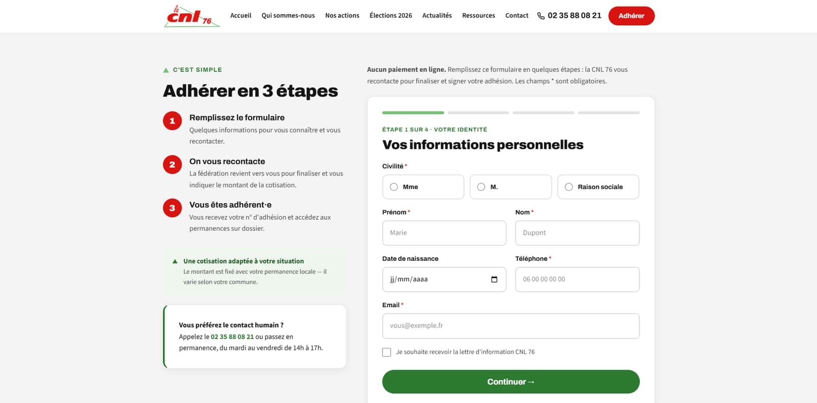 Formulaire d'adhésion en ligne « Adhérer en 3 étapes », avec la fédération qui recontacte l'adhérent pour finaliser