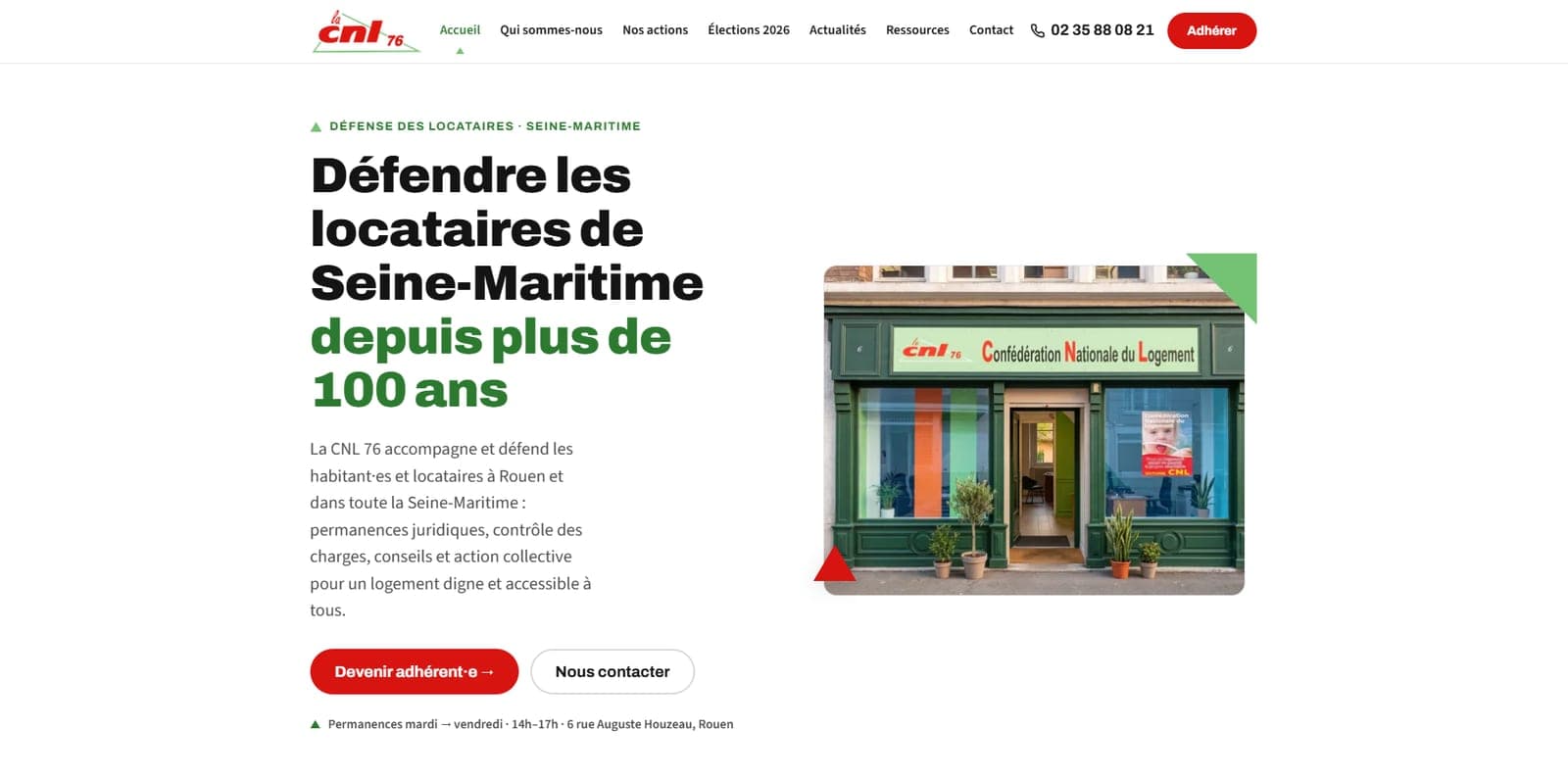 Page d'accueil de cnl76.fr : « Défendre les locataires de Seine-Maritime depuis plus de 100 ans », avec une photo de la façade de l'association à Rouen