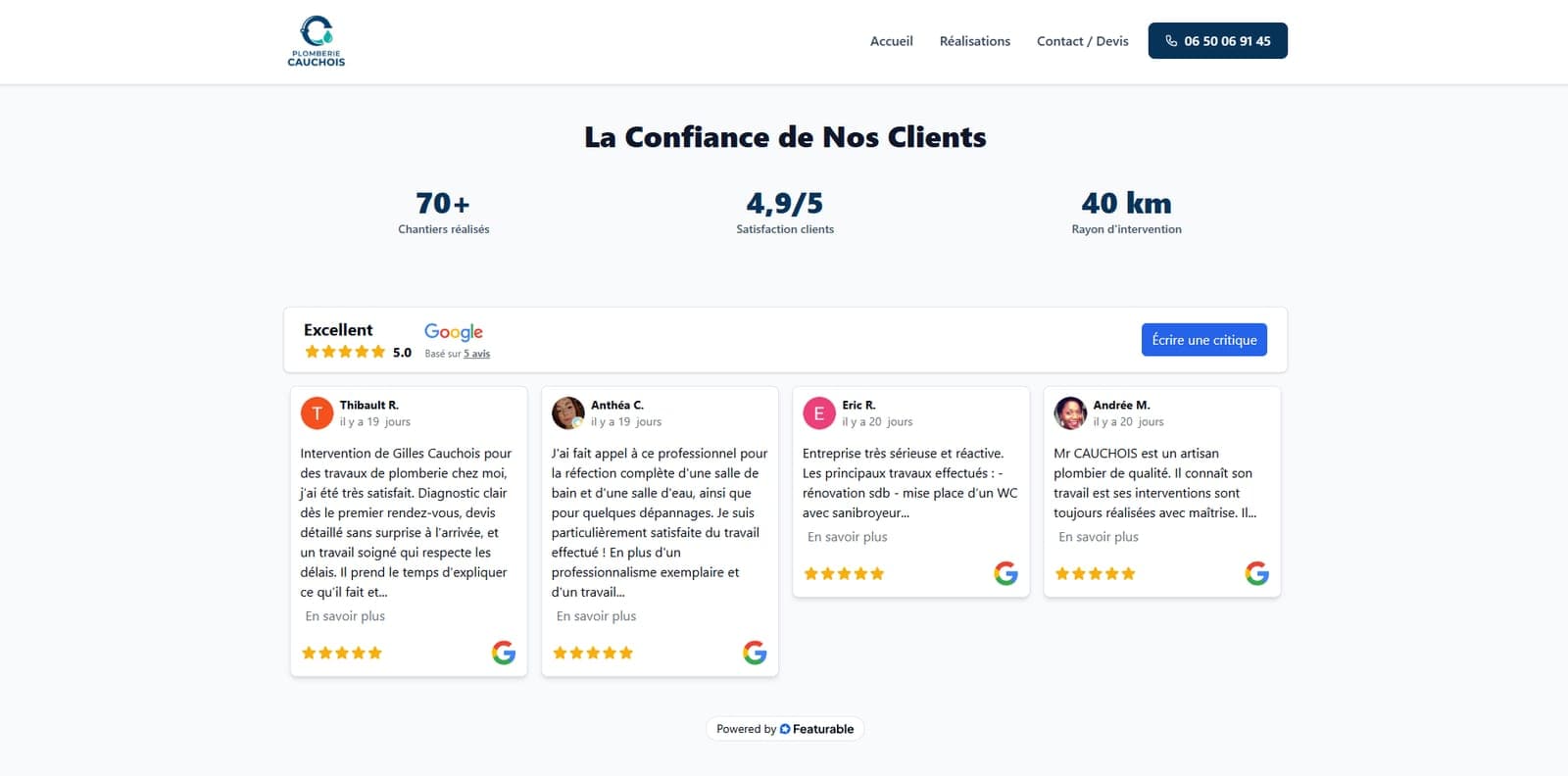 Chiffres clés et avis Google affichés sur le site : 70+ chantiers réalisés, 4,9/5 de satisfaction, 40 km de rayon d'intervention