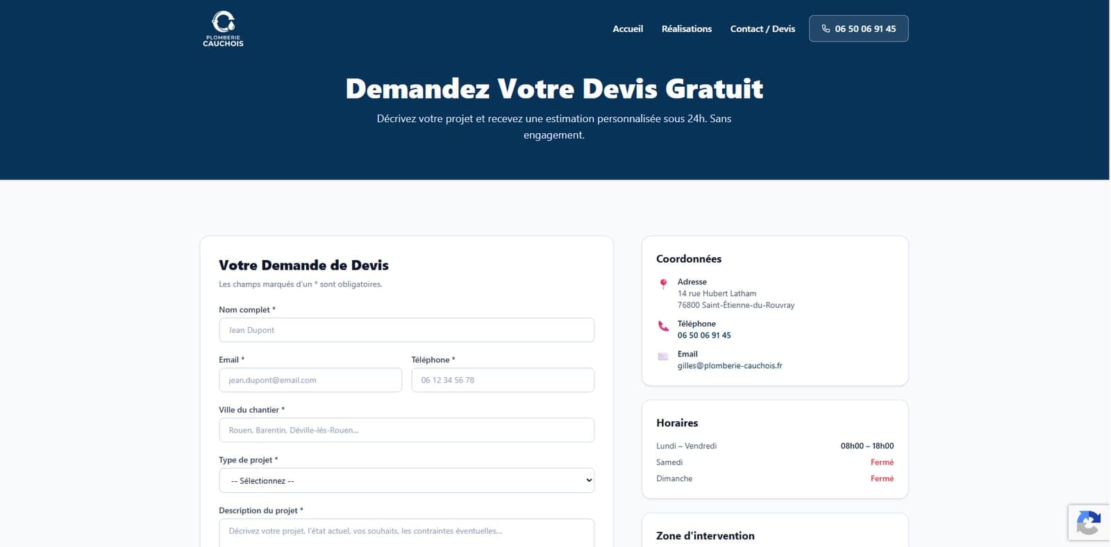 Formulaire de demande de devis en ligne avec les coordonnées et horaires de Plomberie Cauchois