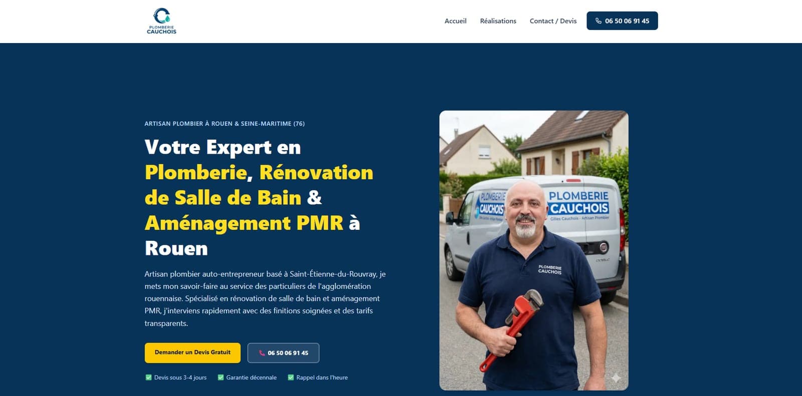 Page d'accueil du site Plomberie Cauchois : « Votre Expert en Plomberie, Rénovation de Salle de Bain & Aménagement PMR à Rouen »