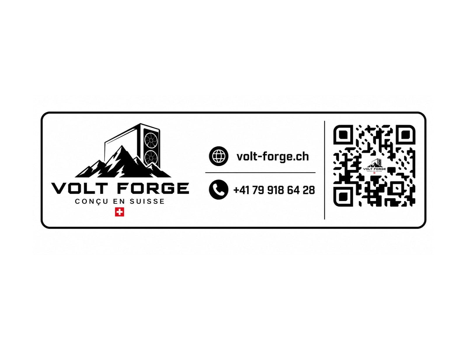 Carte de visite et autocollant Volt Forge avec QR code, déclinaison print de l'identité de marque
