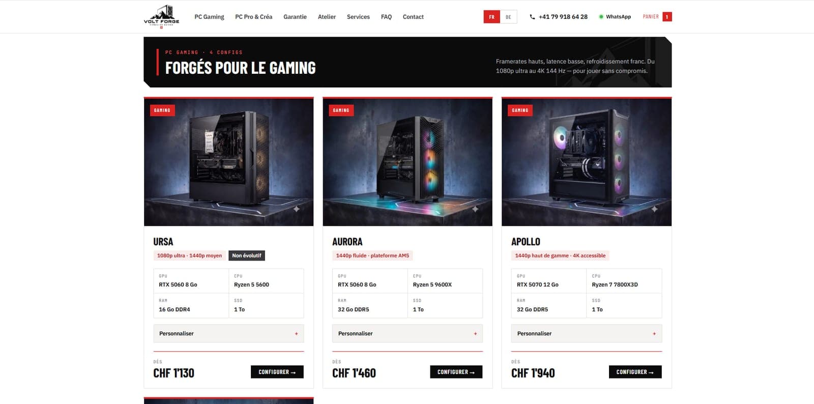 Catalogue de PC gaming Volt Forge — configurations URSA, Aurora et Apollo avec leurs specs et prix en francs suisses