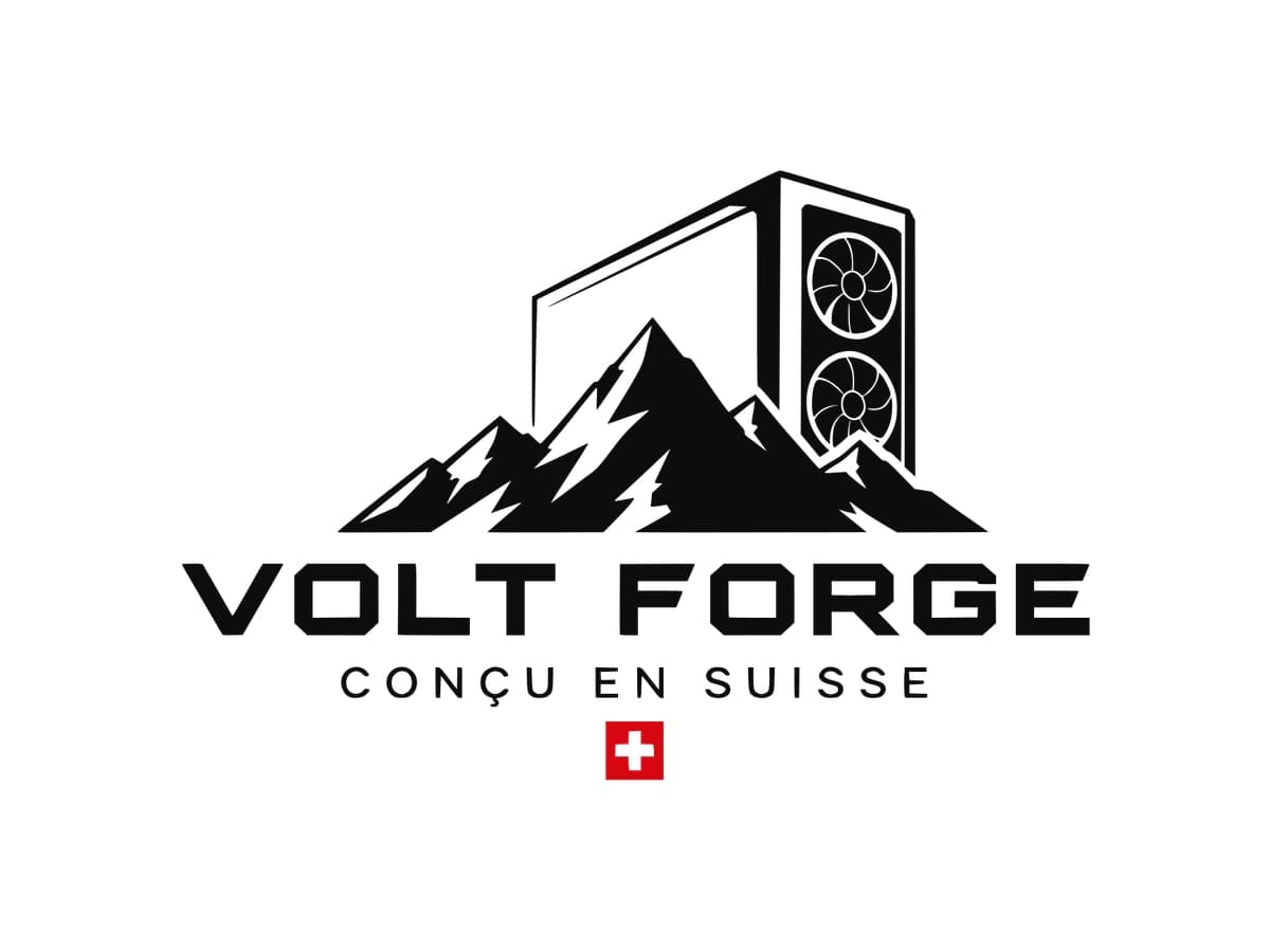 Logo Volt Forge — boîtier PC et montagnes suisses