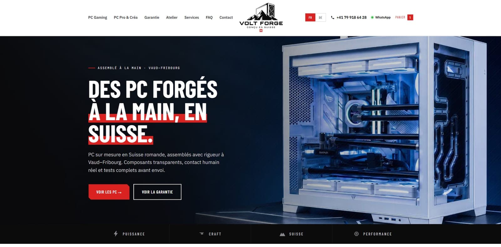 Page d'accueil de Volt Forge : « Des PC forgés à la main, en Suisse », sur fond sombre avec une configuration gaming water-cooling